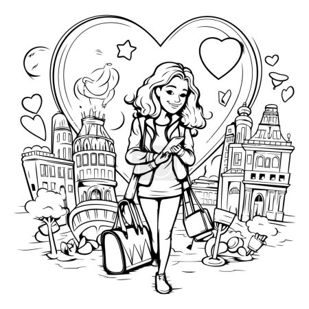 Téléchargez les illustrations : Dessin animé noir et blanc Illustration d'une touriste ou d'une voyageuse avec valise marchant dans la rue amoureuse - en licence libre de droit