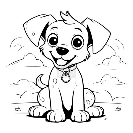 Téléchargez les illustrations : Illustration de dessin animé noir et blanc de personnage animal chien chiot mignon pour livre à colorier - en licence libre de droit
