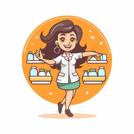 Illustration for Beautiful woman pharmacist cartoon character. Vector illustration in flat style - Royalty Free Image