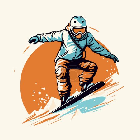 Ilustración de Snowboarder saltando en las montañas. Ilustración vectorial en estilo retro. - Imagen libre de derechos