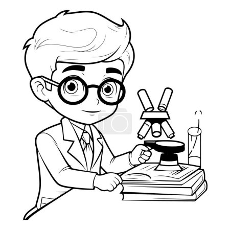 Téléchargez les illustrations : Caricature d'écolier avec microscope et livres. Illustration noir et blanc. - en licence libre de droit