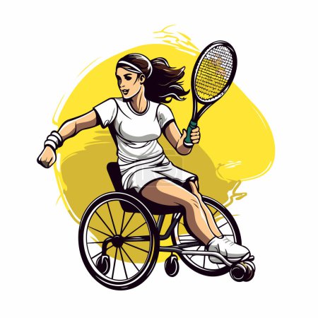 Illustration for Vector illustration of a disabled woman in a wheelchair playing tennis isolated on white background. - Royalty Free Image