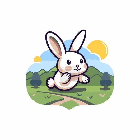 Ilustración de Lindo conejo de dibujos animados en el prado. Ilustración vectorial en estilo plano - Imagen libre de derechos