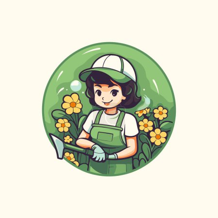 Téléchargez les illustrations : Jardinier fille avec des fleurs. Illustration vectorielle en style dessin animé plat. - en licence libre de droit