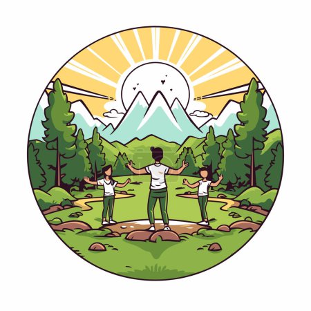 Illustration for Group of people hiking in the nature park cartoon vector illustration graphic design - Royalty Free Image