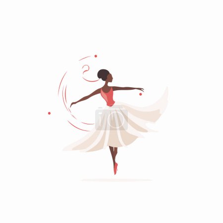 Téléchargez les illustrations : Mignonne ballerine afro-américaine en robe blanche dansant. Illustration vectorielle de style plat. - en licence libre de droit