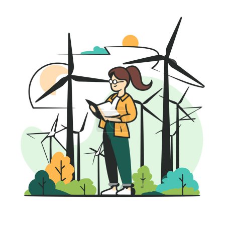 Téléchargez les illustrations : Femme dans un parc d'éoliennes. Concept écologique. Illustration vectorielle plate - en licence libre de droit