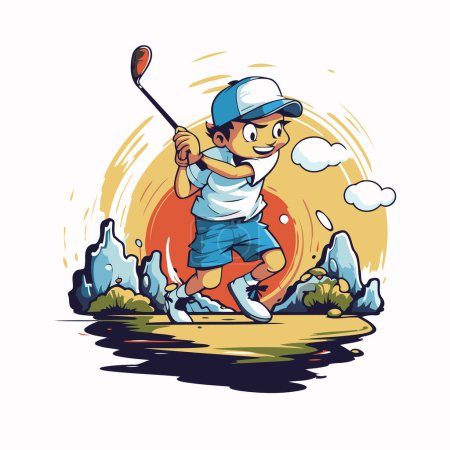 ilustración vectorial de un niño jugando al golf en el campo de golf con pelota