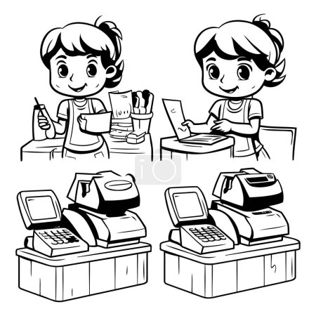 Téléchargez les illustrations : Illustration en noir et blanc d'un caissier ou d'un caissier travaillant à la caisse enregistreuse. - en licence libre de droit