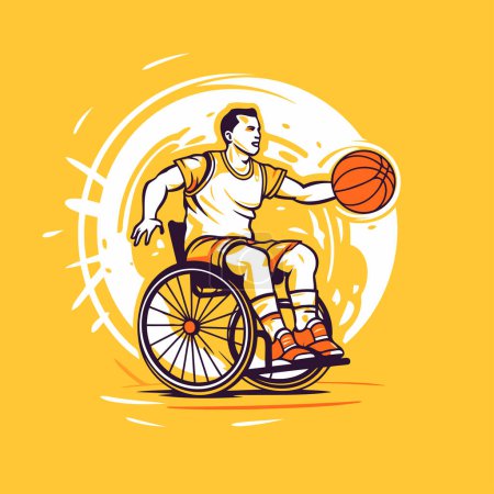Téléchargez les illustrations : Homme handicapé en fauteuil roulant avec ballon de basket. Illustration vectorielle. - en licence libre de droit