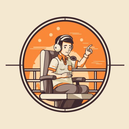 Illustration for Illustration of a male gamer wearing headphones playing online game set inside circle done in retro style. - Royalty Free Image