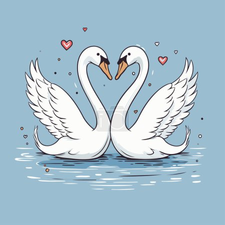 Téléchargez les illustrations : Illustration vectorielle de deux cygnes blancs sur fond bleu avec des coeurs - en licence libre de droit