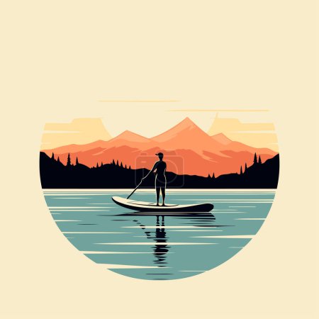 Illustration for Silhouette of a man on a stand up paddle board on the background of the mountains. Vector illustration. - Royalty Free Image
