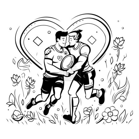 Téléchargez les illustrations : Des joueurs de rugby amoureux. Illustration vectorielle noir et blanc. - en licence libre de droit
