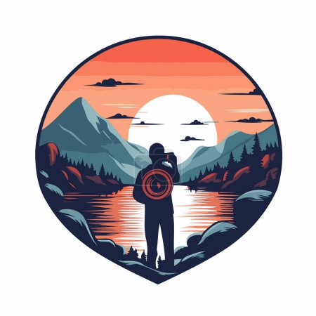 Illustration for Hiker man with camera on the lake at sunset. Vector illustration. - Royalty Free Image
