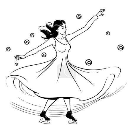 Ilustración de Hermosa joven jugando al fútbol con pelotas. Ilustración vectorial en blanco y negro. - Imagen libre de derechos