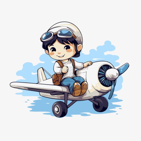 Illustration for Cute boy pilot with airplane. Vector cartoon illustration isolated on white background. - Royalty Free Image