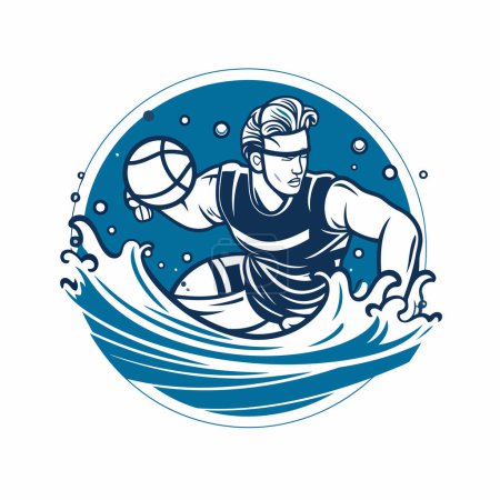Illustration for Water polo player with ball and net in the water. Vector illustration - Royalty Free Image