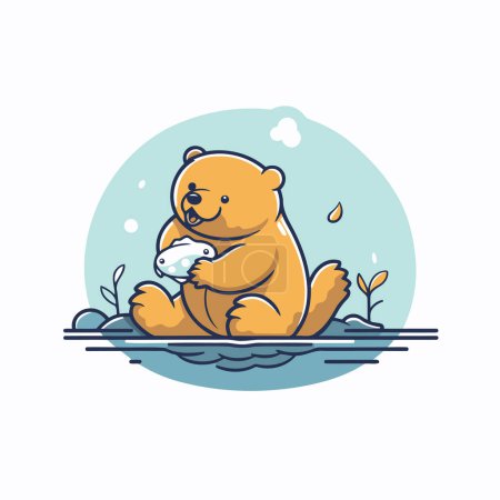 Ilustración de Bonito osito de peluche sentado en la orilla del río. Ilustración vectorial. - Imagen libre de derechos