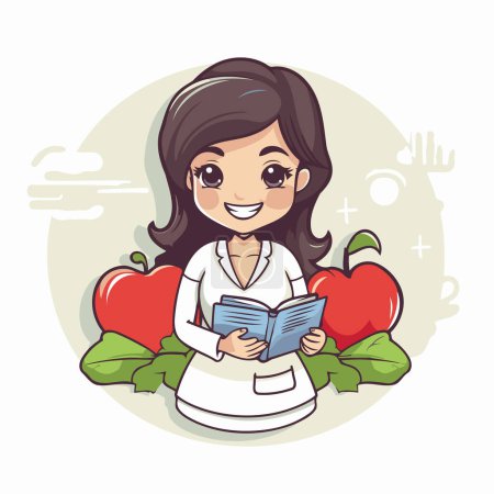 Ilustración de Ilustración de una linda chica leyendo un libro mientras sostiene una manzana roja - Imagen libre de derechos