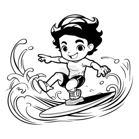 Illustration for Black and White Cartoon Illustration of a Surfer Boy Riding a Wave - Royalty Free Image