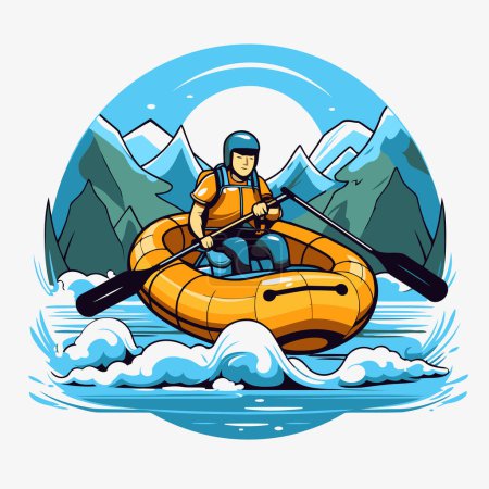 Ilustración de Hombre en un kayak en el fondo de las montañas. Ilustración vectorial. - Imagen libre de derechos
