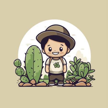 Illustration for Cute boy with hat and cactus in the park vector illustration - Royalty Free Image