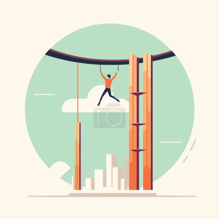Illustration for Businessman climbing on the rope. Vector illustration in flat style. - Royalty Free Image