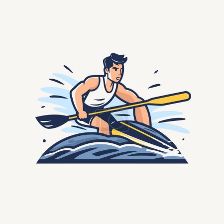 Téléchargez les illustrations : Un sportif ramant sur un kayak. Illustration vectorielle. - en licence libre de droit