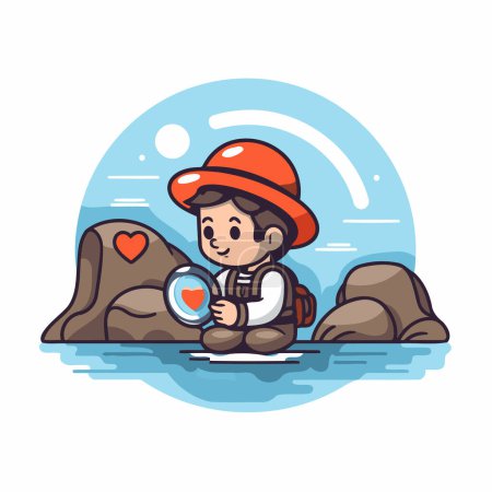 Illustration for Boy explorer exploring the world with a magnifying glass. Vector illustration. - Royalty Free Image