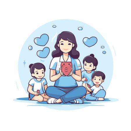 Téléchargez les illustrations : Mère et les enfants jouent avec un smartphone. Illustration vectorielle dans le style dessin animé. - en licence libre de droit
