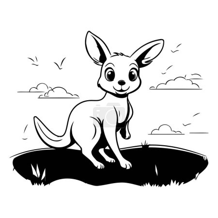 Illustration for Kangaroo in the field. Black and white vector illustration. - Royalty Free Image