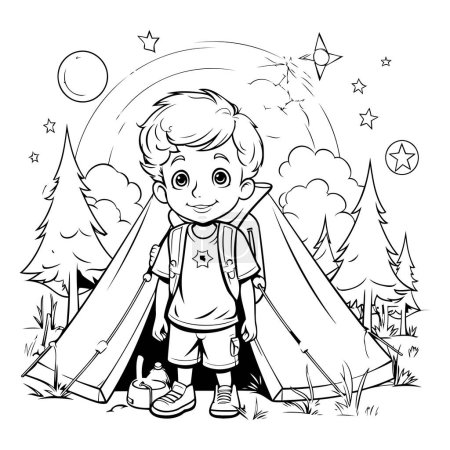 Téléchargez les illustrations : Boy scout debout dans la forêt. Illustration vectorielle noir et blanc pour livre à colorier - en licence libre de droit