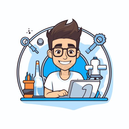 Téléchargez les illustrations : Homme hippie travaillant à l'ordinateur portable. Illustration vectorielle dans le style dessin animé. - en licence libre de droit