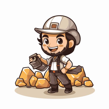 Cartoon miner holding a big piece of gold. Vector illustration.