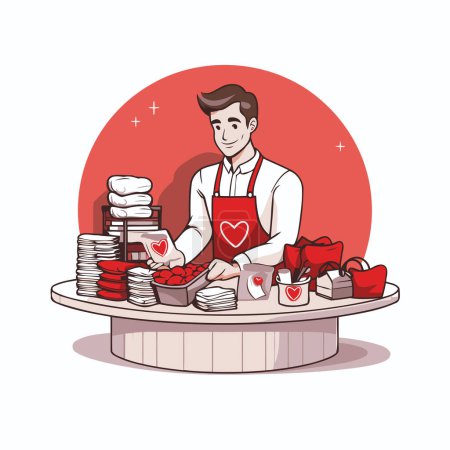 Téléchargez les illustrations : Illustration vectorielle plate d'un homme dans un tablier rouge fait une forme de coeur avec ses mains. - en licence libre de droit