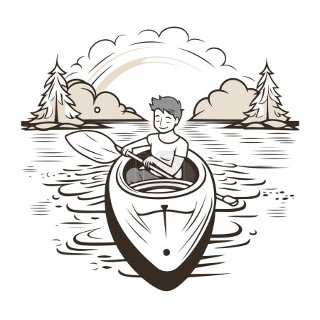 Ilustración de Un hombre remando un kayak en el lago. Ilustración vectorial. - Imagen libre de derechos