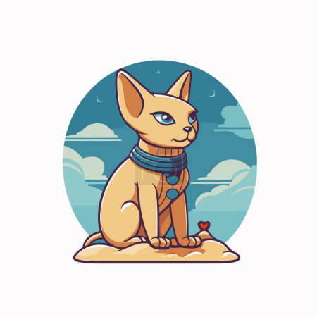 Illustration for Cat with a scarf around his neck sitting on the beach. Vector illustration. - Royalty Free Image