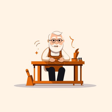 Old man sitting on the school desk. Vector illustration in cartoon style