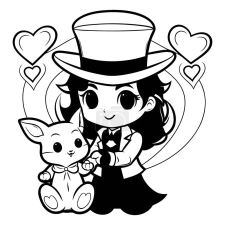 Téléchargez les illustrations : Illustration en noir et blanc d'une fille avec un ours en peluche et un cœur - en licence libre de droit