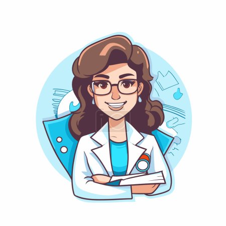 Téléchargez les illustrations : Illustration vectorielle du médecin féminin dans des lunettes avec stéthoscope et presse-papiers - en licence libre de droit