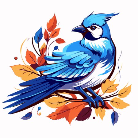 Ilustración de Pájaro azul sentado en una rama con hojas de otoño. Ilustración vectorial. - Imagen libre de derechos