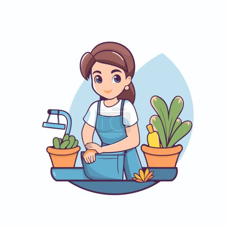 Téléchargez les illustrations : Femme dans le tablier prenant soin des plantes d'intérieur. Illustration vectorielle. - en licence libre de droit
