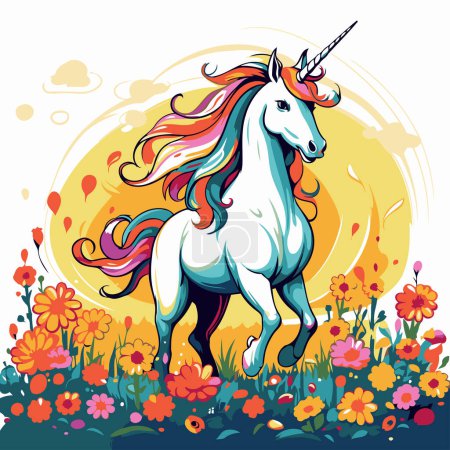Ilustración de Unicornio en el prado con flores. Ilustración vectorial. - Imagen libre de derechos