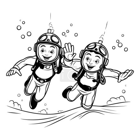 Téléchargez les illustrations : Plongeur garçon et fille volant dans la mer. Illustration vectorielle. - en licence libre de droit