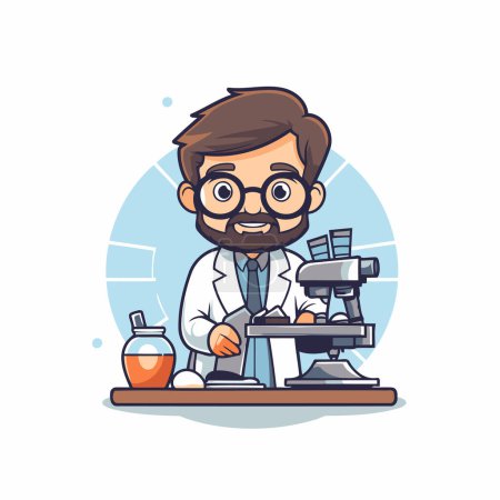 Illustration for Scientist working with microscope in laboratory. Vector illustration in cartoon style - Royalty Free Image