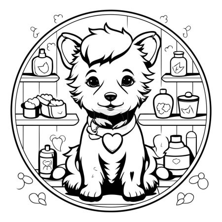 Illustration for Black and White Cartoon Illustration of a Dog in a Pet Shop - Royalty Free Image