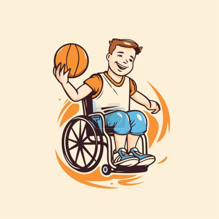 Téléchargez les illustrations : Homme handicapé dans un fauteuil roulant jouant illustration vectorielle de basket-ball. Mascotte de sportif handicapé. - en licence libre de droit