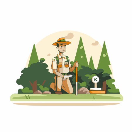 Illustration for Gardener with a shovel in the garden. Flat style vector illustration. - Royalty Free Image