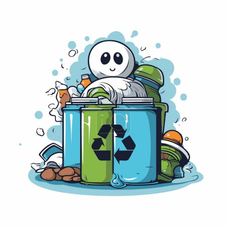 Illustration for Cute ghost cartoon with trash can and garbage vector illustration graphic design - Royalty Free Image